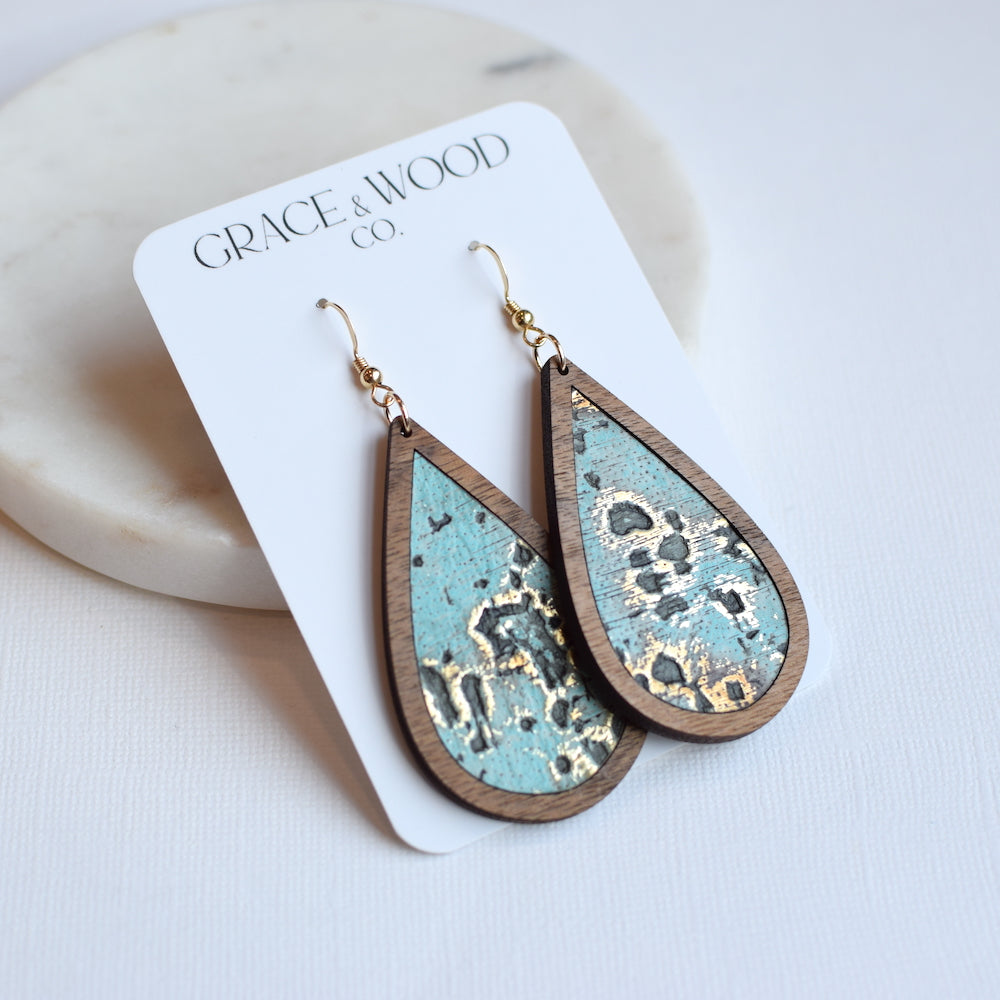 Turquoise Distressed Wood + Leather Teardrop - Grace and Wood Co.