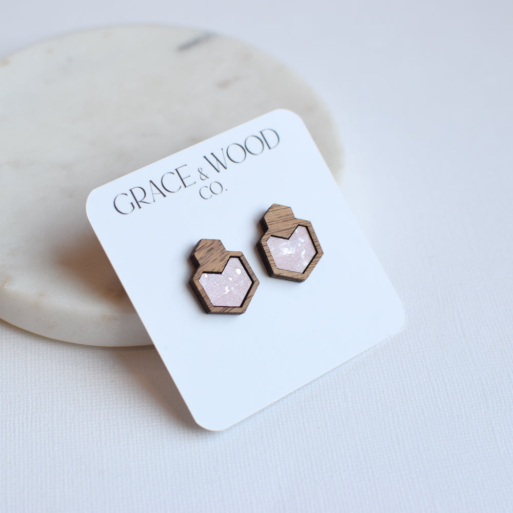 Blush Wood + Cork Hexagon Studs - Grace and Wood Co.