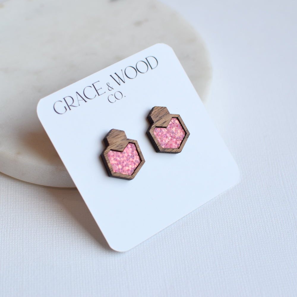 Coral Glitter Wood + Cork Hexagon Studs - Grace and Wood Co.