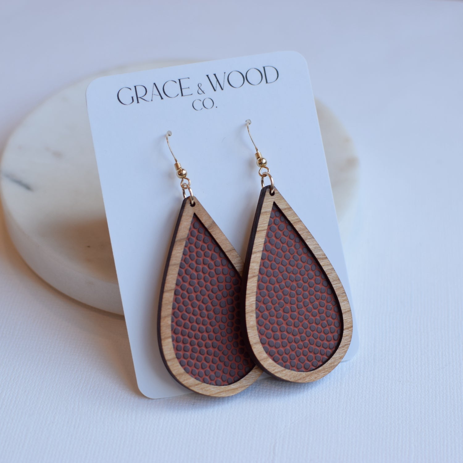 Football Wood + Leather Teardrop - Grace and Wood Co.