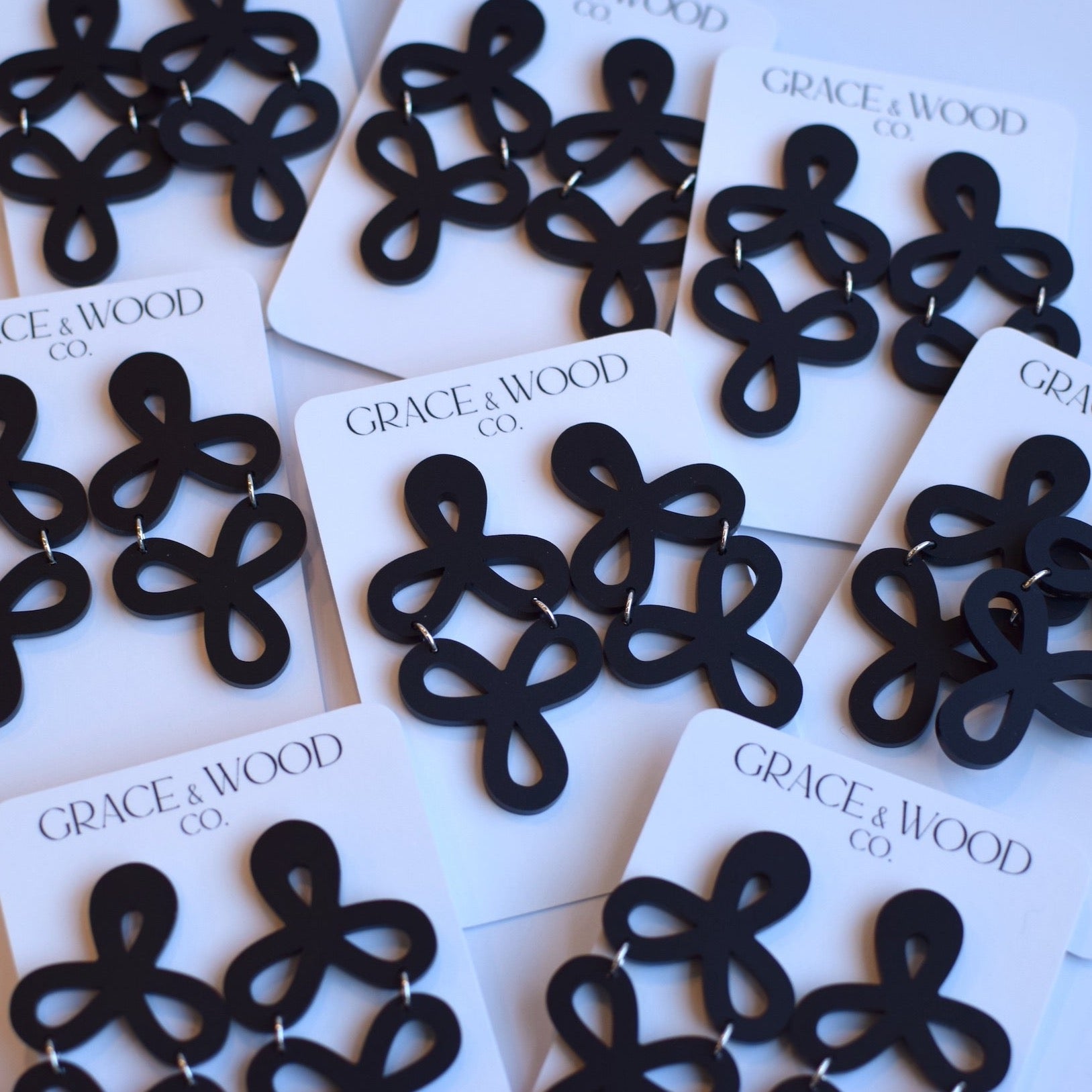 Black Acrylic Double Clover Dangle Studs - Grace and Wood Co.