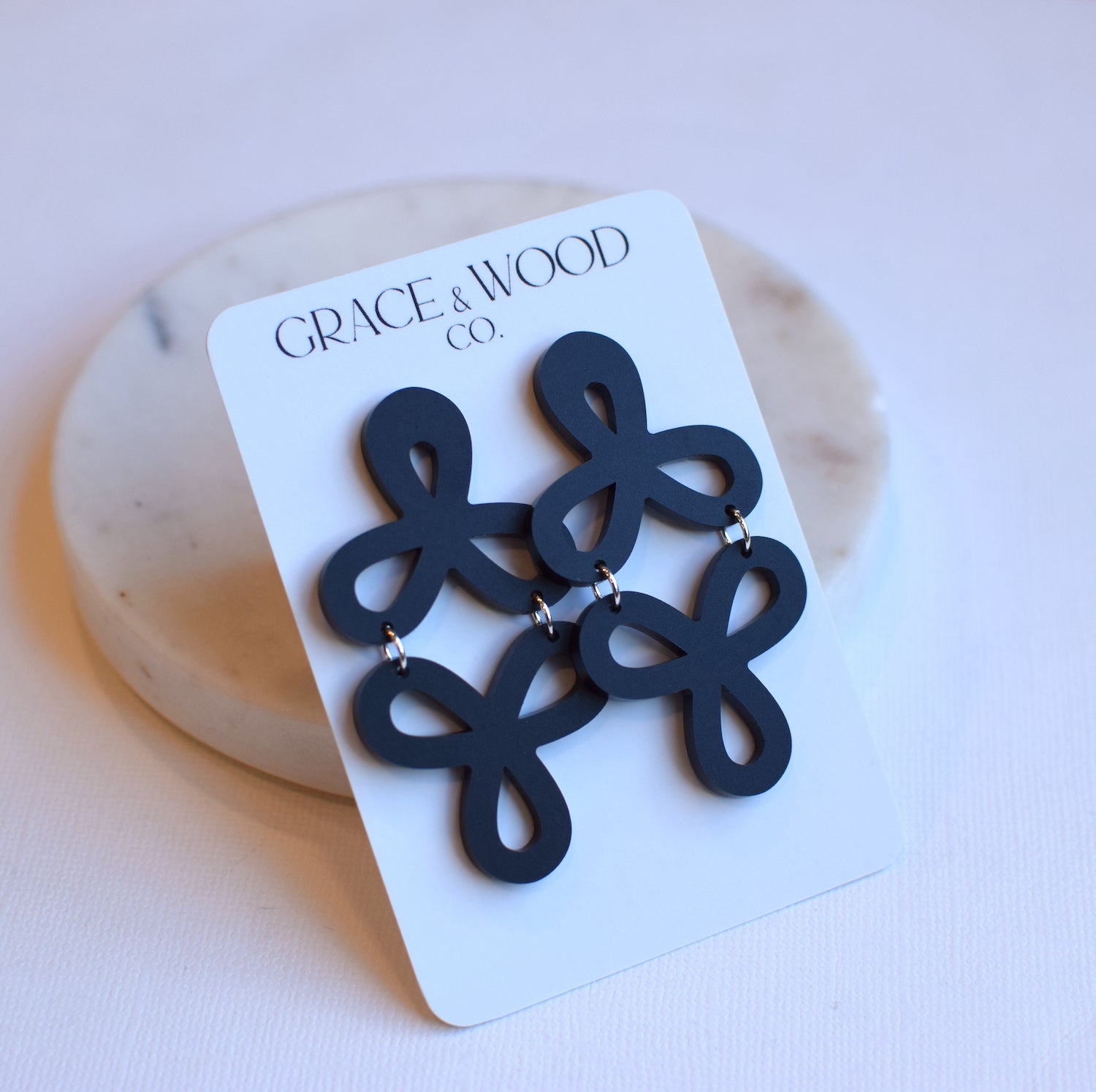 Black Acrylic Double Clover Dangle Studs - Grace and Wood Co.