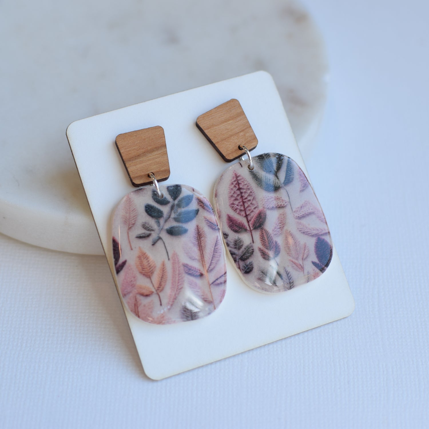 Embroidered Leaves Clay Rectangular Dangle Stud
