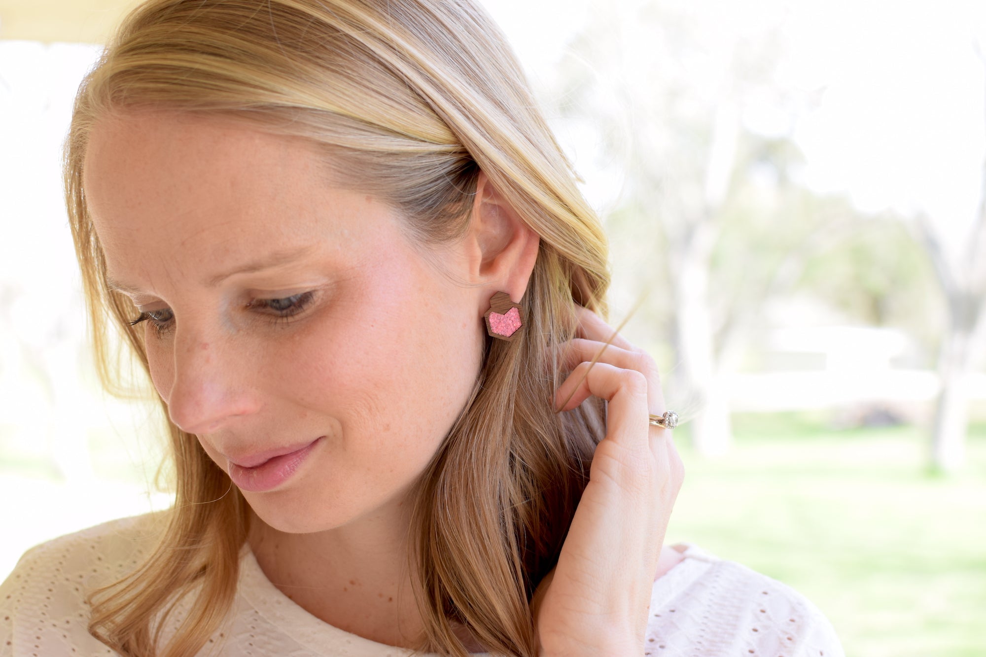 Coral Glitter Wood + Cork Hexagon Studs - Grace and Wood Co.