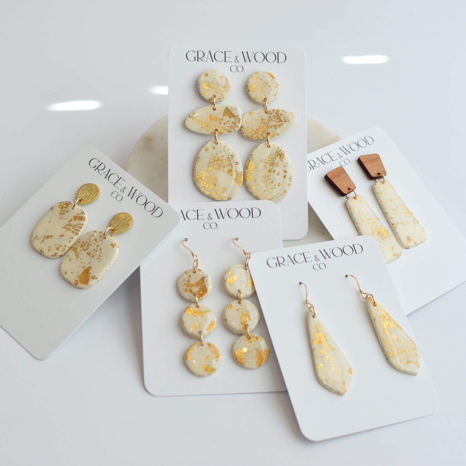 Cream/Gold Clay Rectangular Dangle Stud