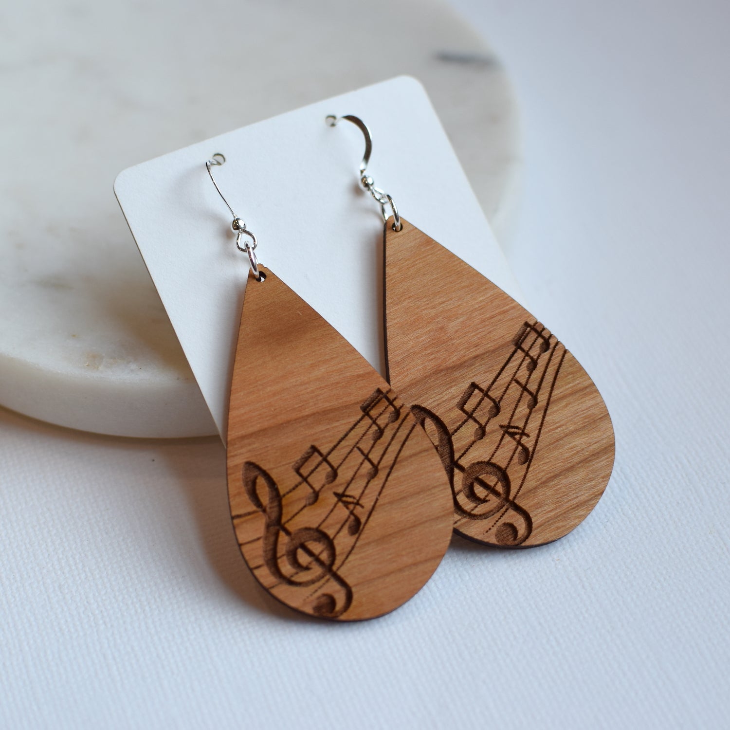 Engraved Musical Notes Cherry Teardrop Earrings