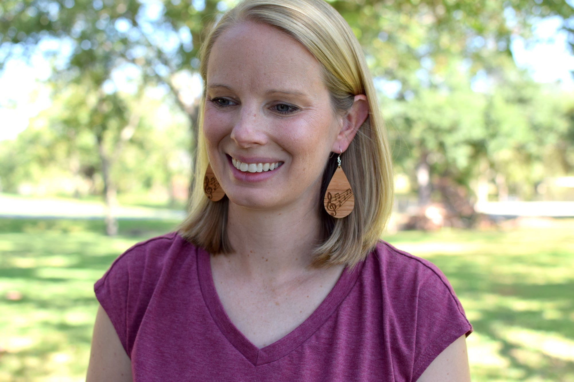 Engraved Musical Notes Cherry Teardrop Earrings - Grace and Wood Co.