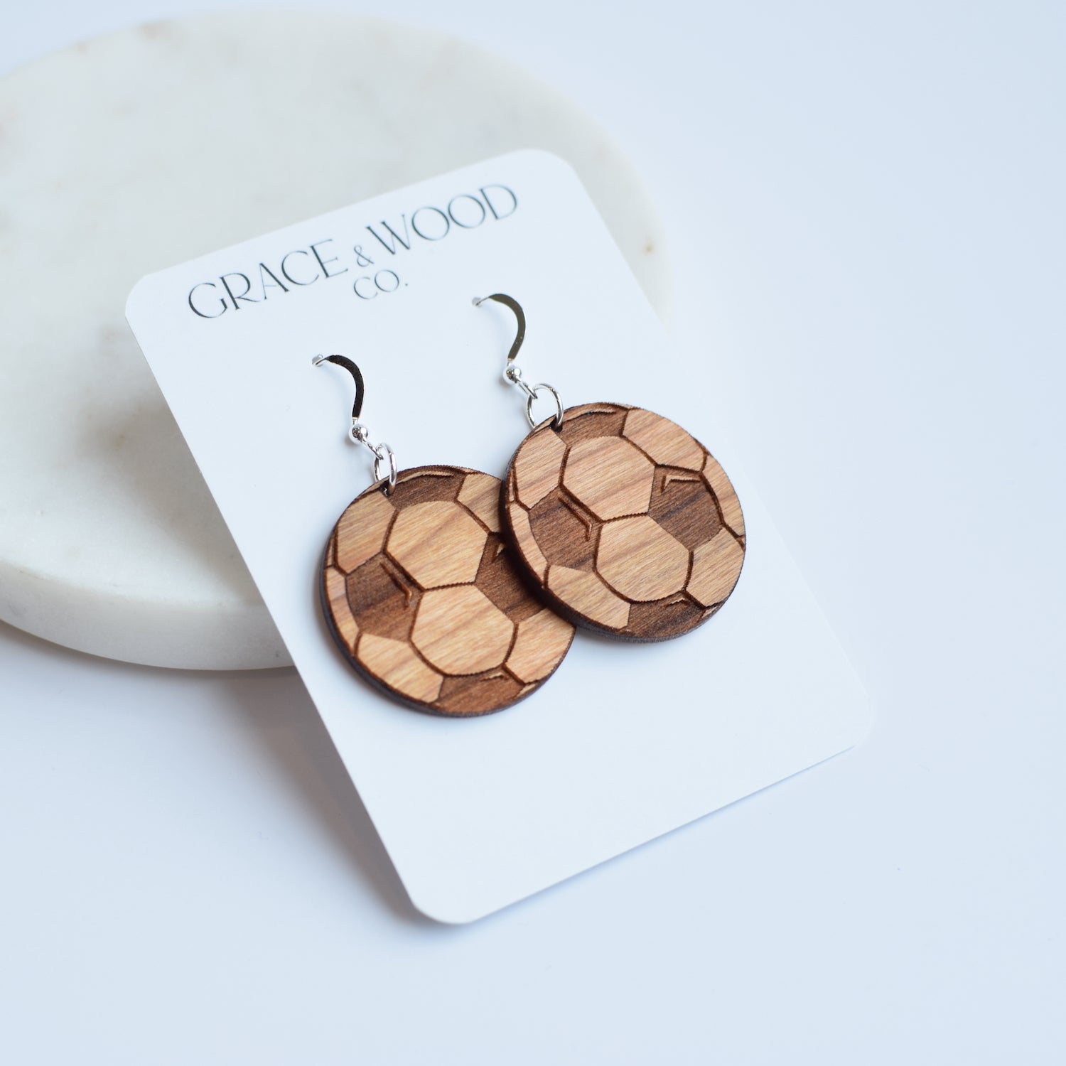 Engraved Soccer Ball Cherry Earrings - Grace and Wood Co.