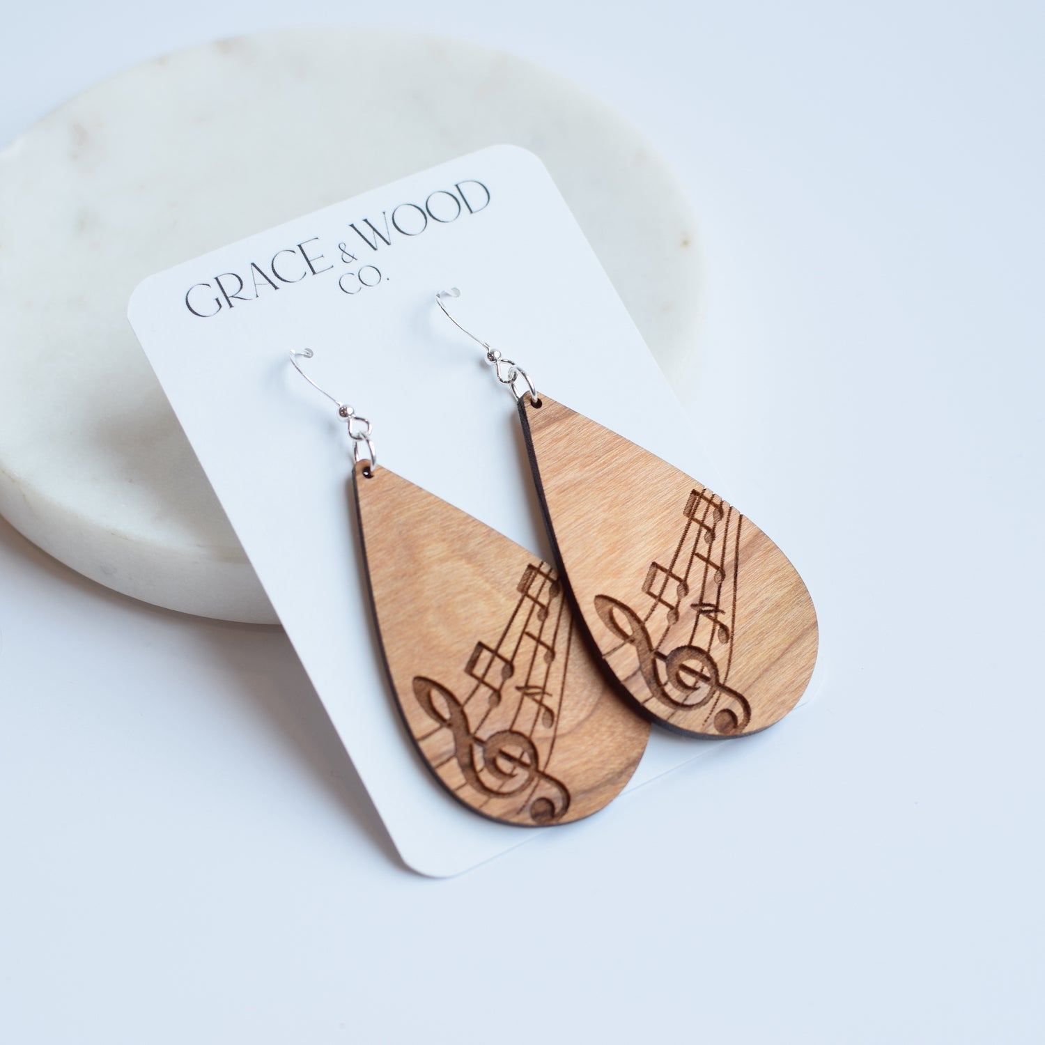 Engraved Musical Notes Cherry Teardrop Earrings - Grace and Wood Co.