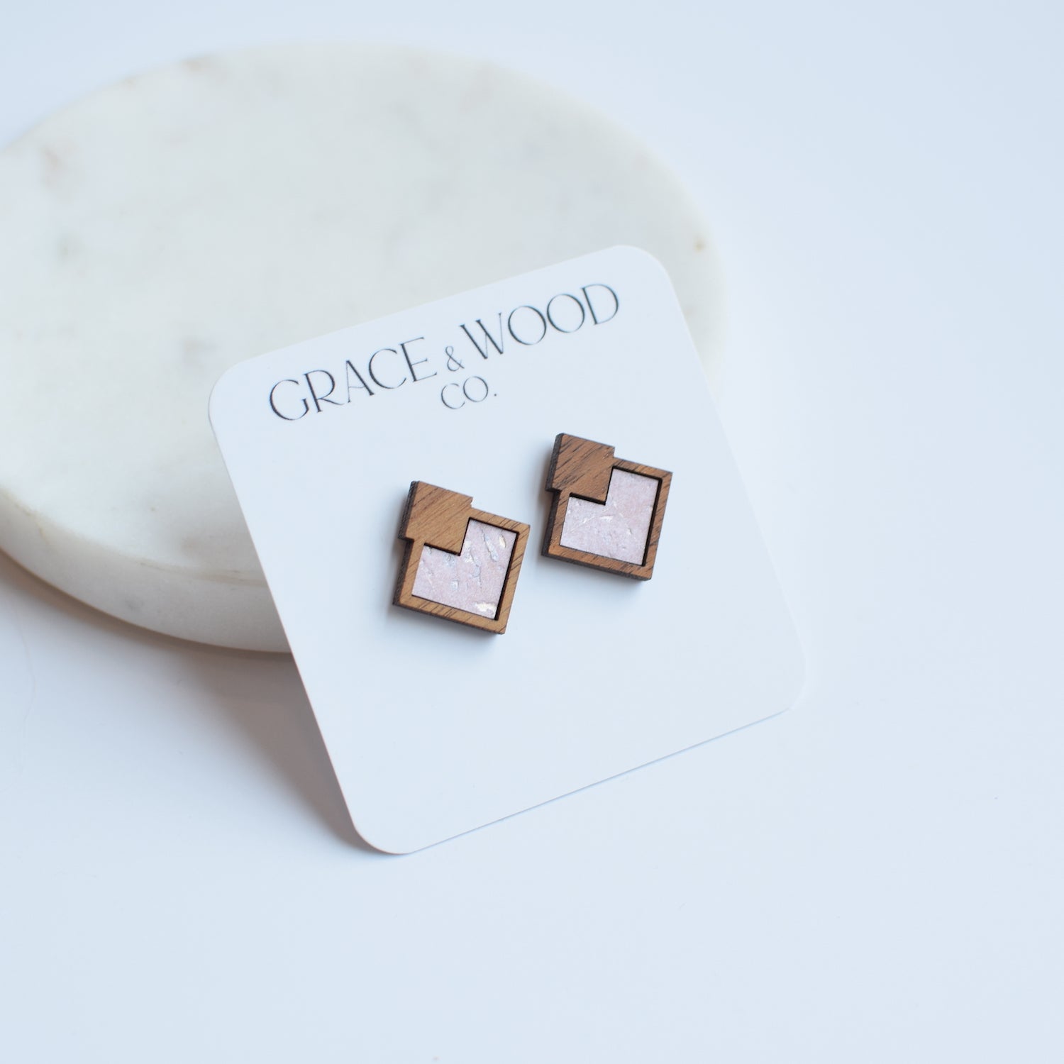 Blush Wood + Cork Diamond Studs - Grace and Wood Co.