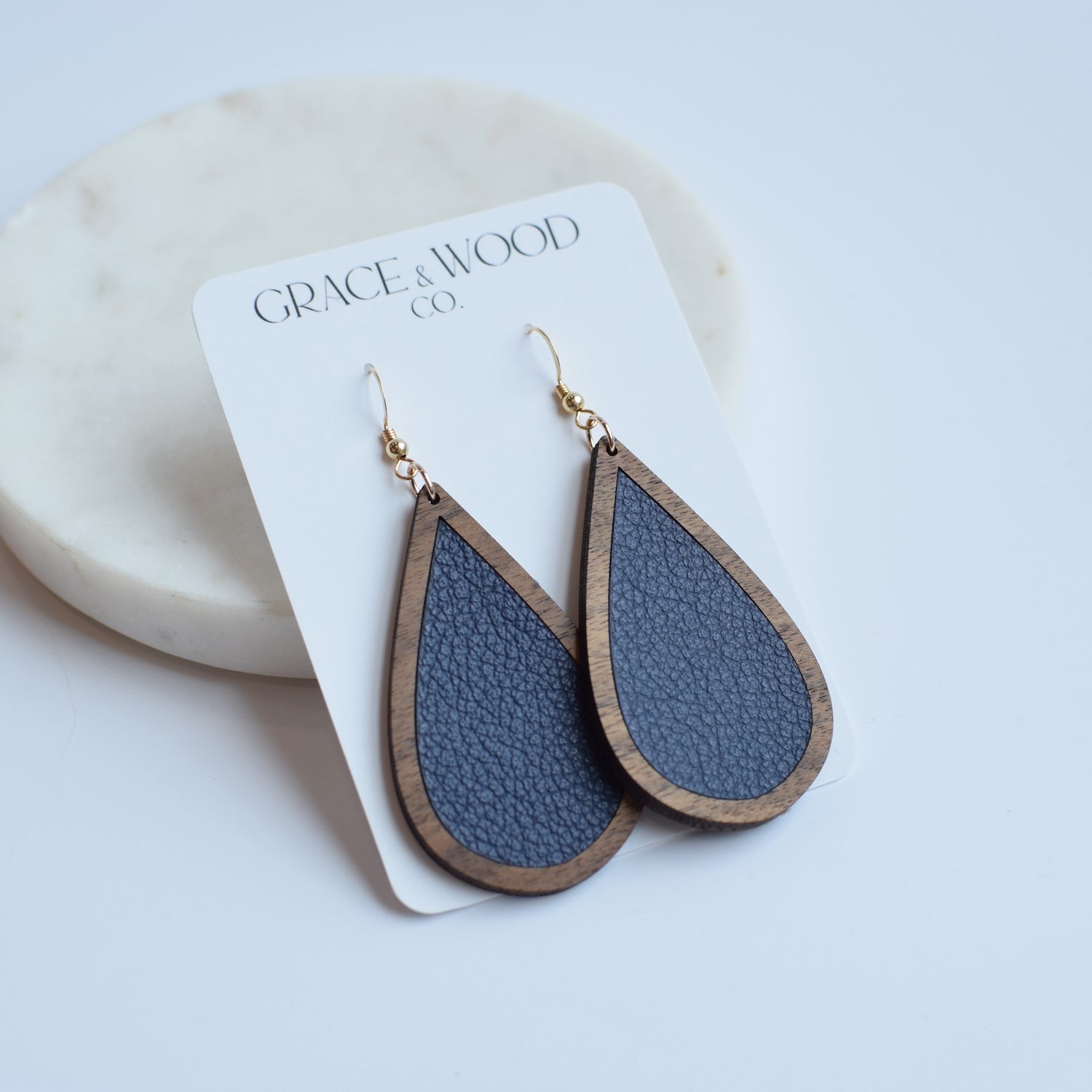 Navy Wood + Leather Teardrop - Grace and Wood Co.