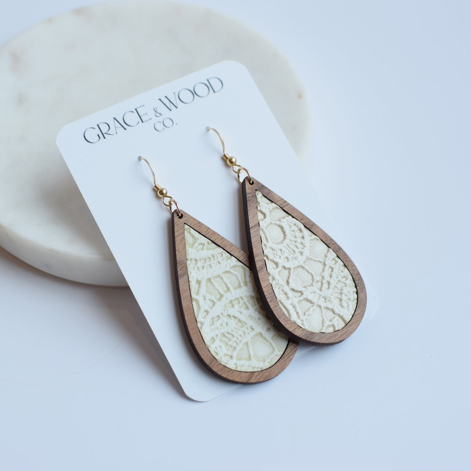 Alabaster Lace Wood + Leather Teardrop - Grace and Wood Co.