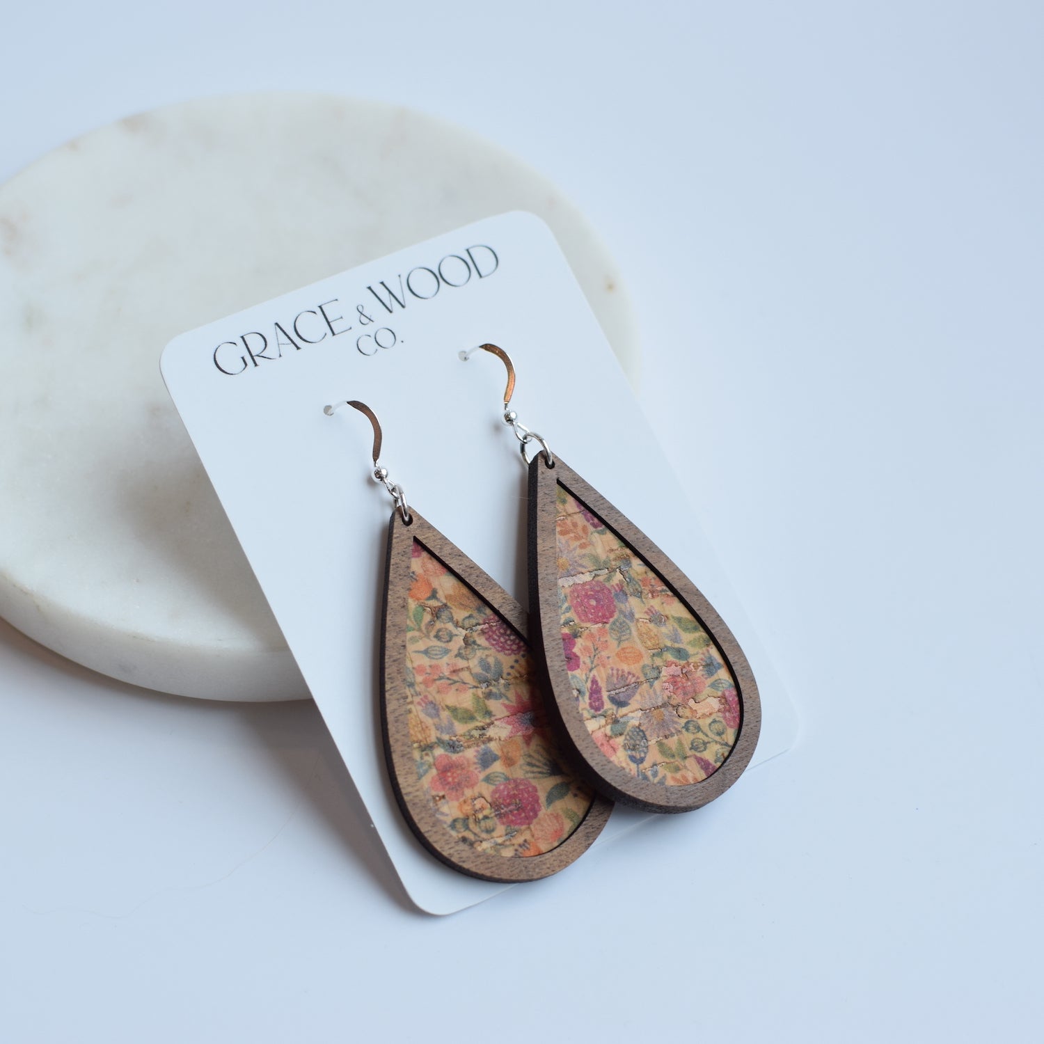 Vintage Floral Wood + Cork Teardrop - Grace and Wood Co.