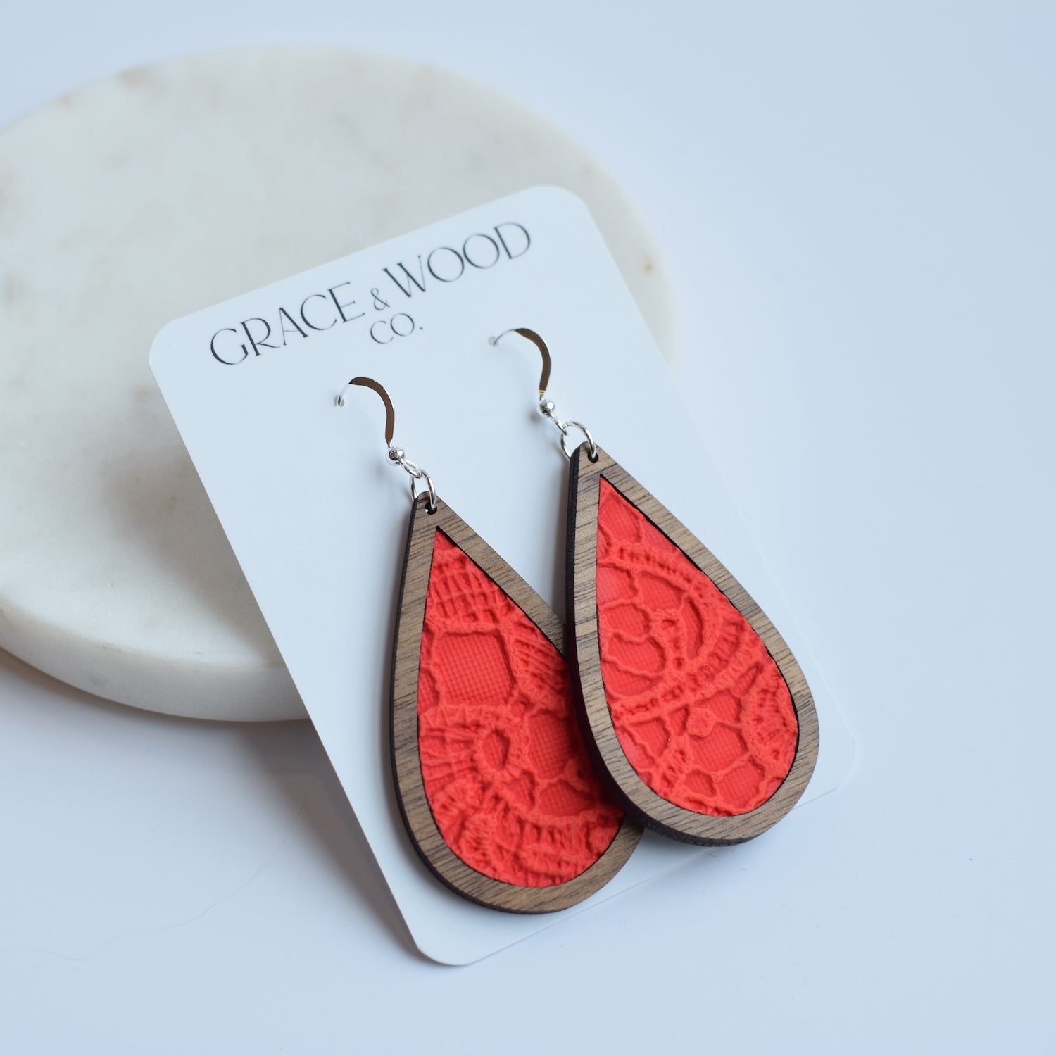 Bright Red Lace Wood + Leather Teardrop - Grace and Wood Co.