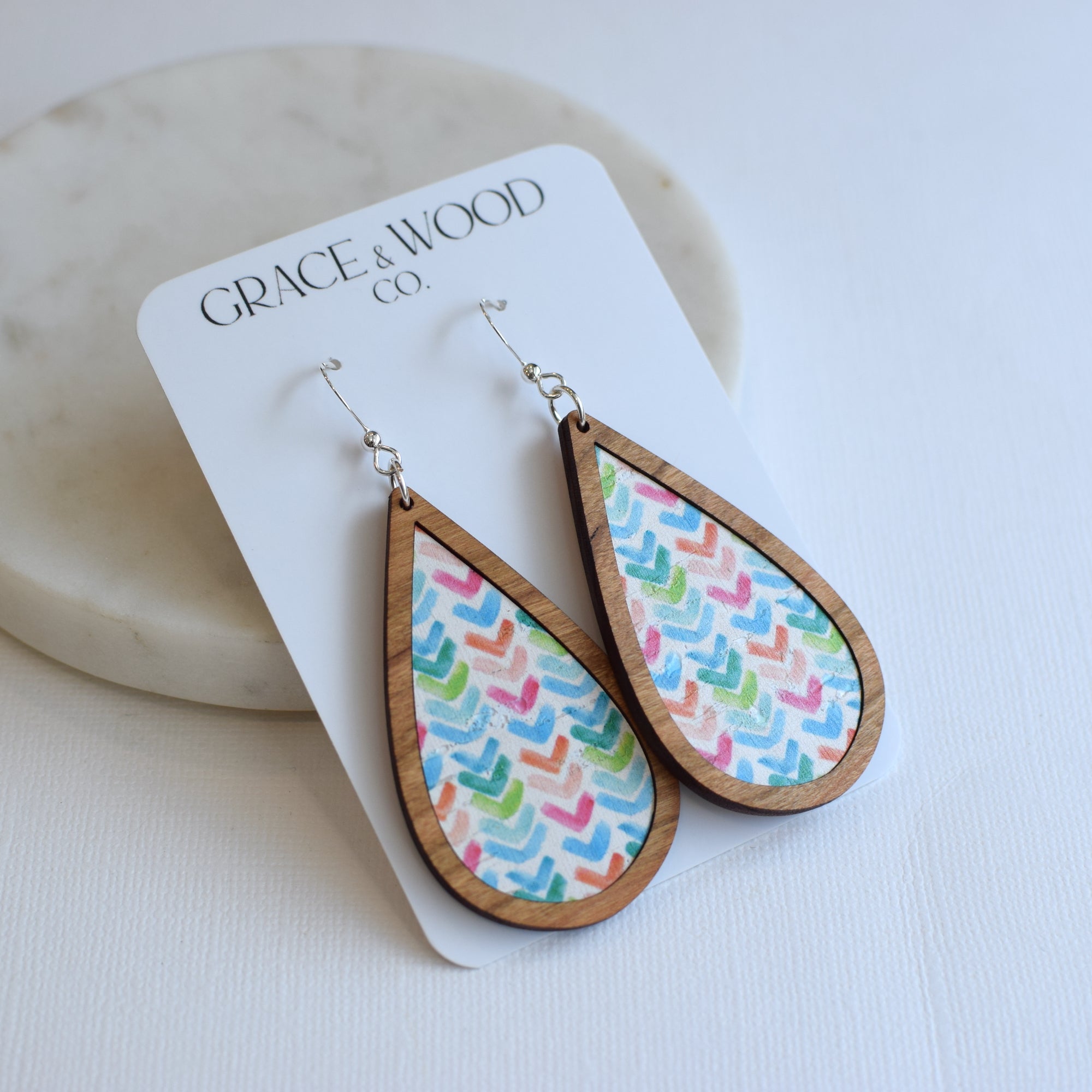 Colorful Arrows Wood + Cork Teardrop - Grace and Wood Co.