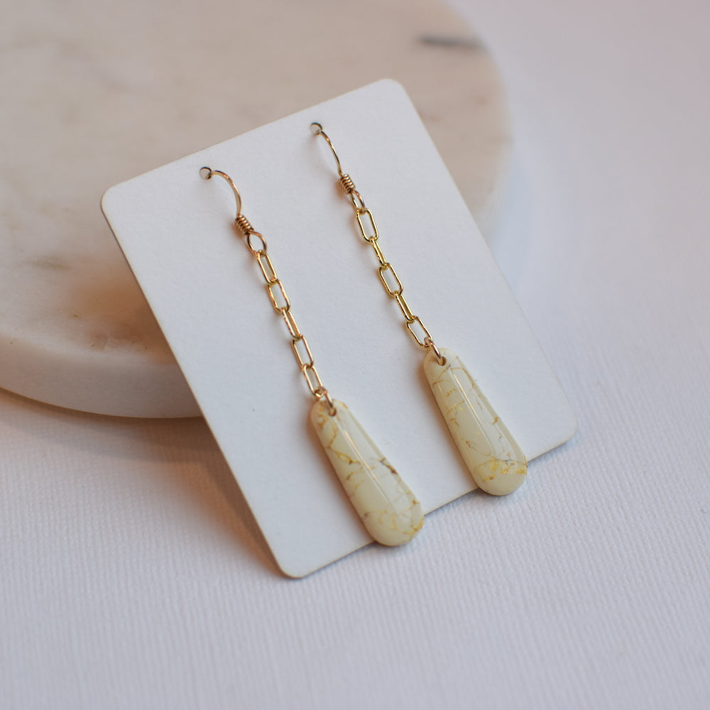 Ivory/Gold Crackle Clay Paperclip Chain Drop Earrings
