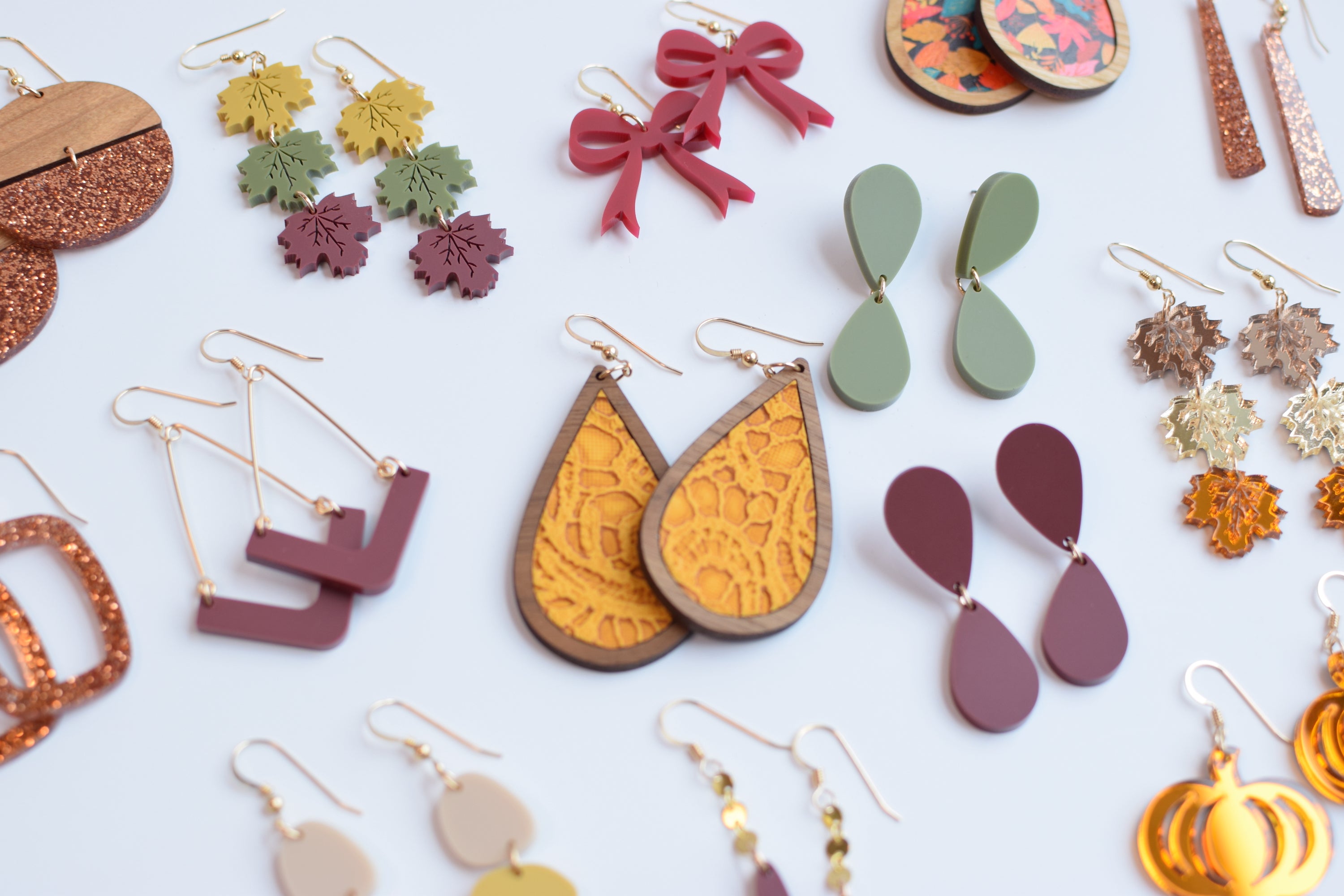 Mustard Lace Wood + Leather Teardrop