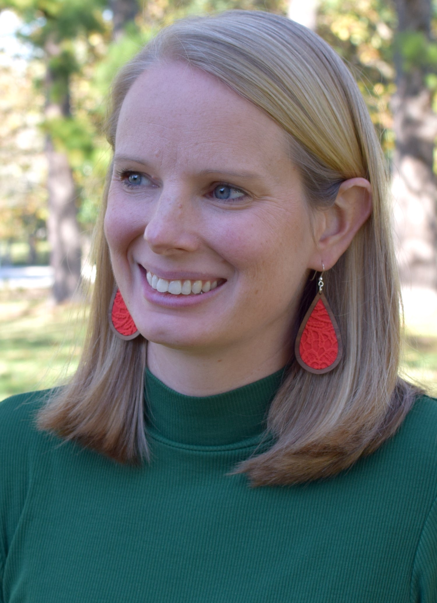 Bright Red Lace Wood + Leather Teardrop - Grace and Wood Co.