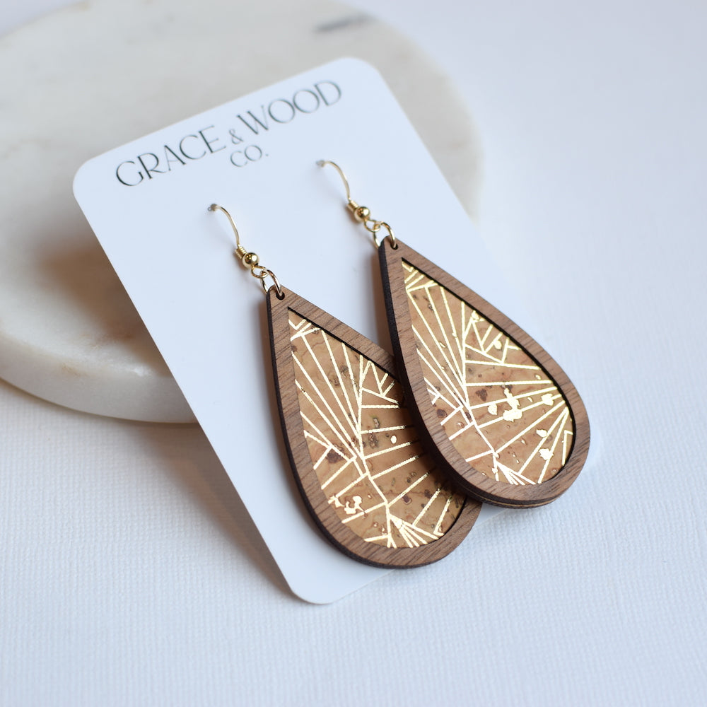 Gold Geo Wood + Cork Teardrop - Grace and Wood Co.