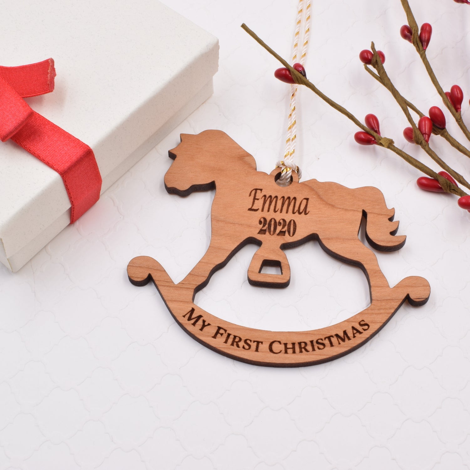 First Christmas Personalized Rocking Horse Wood Ornament