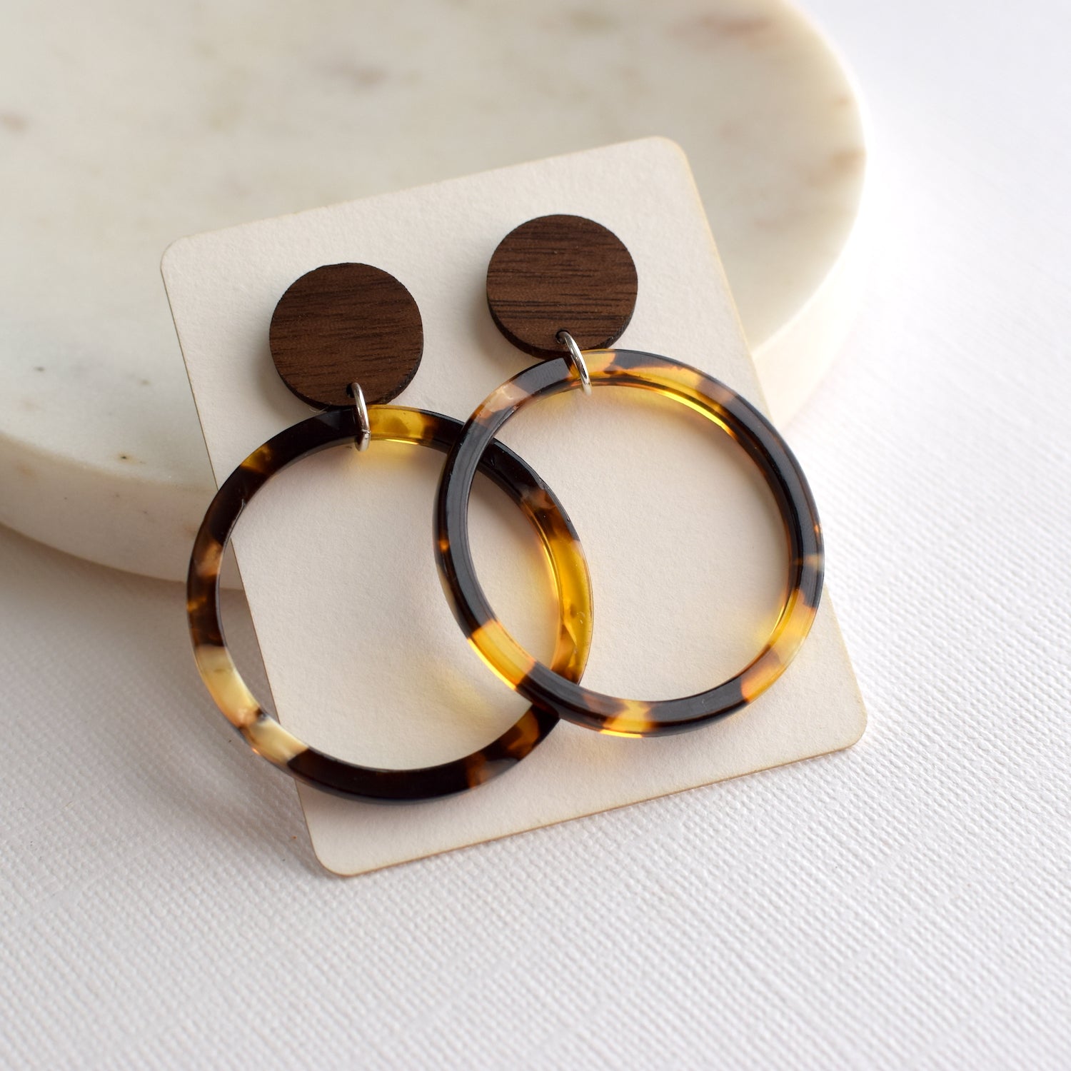 Tortoise Hoop Wood Acrylic Dangle Stud - Grace and Wood Co.
