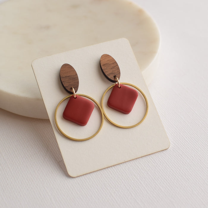 Red Clay Brass Wood Dangle Stud