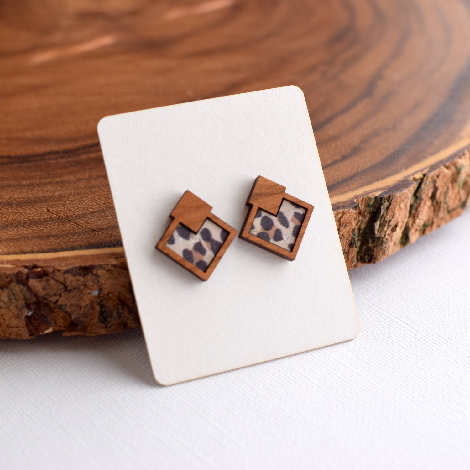 Snow Leopard Wood + Cork Diamond Studs