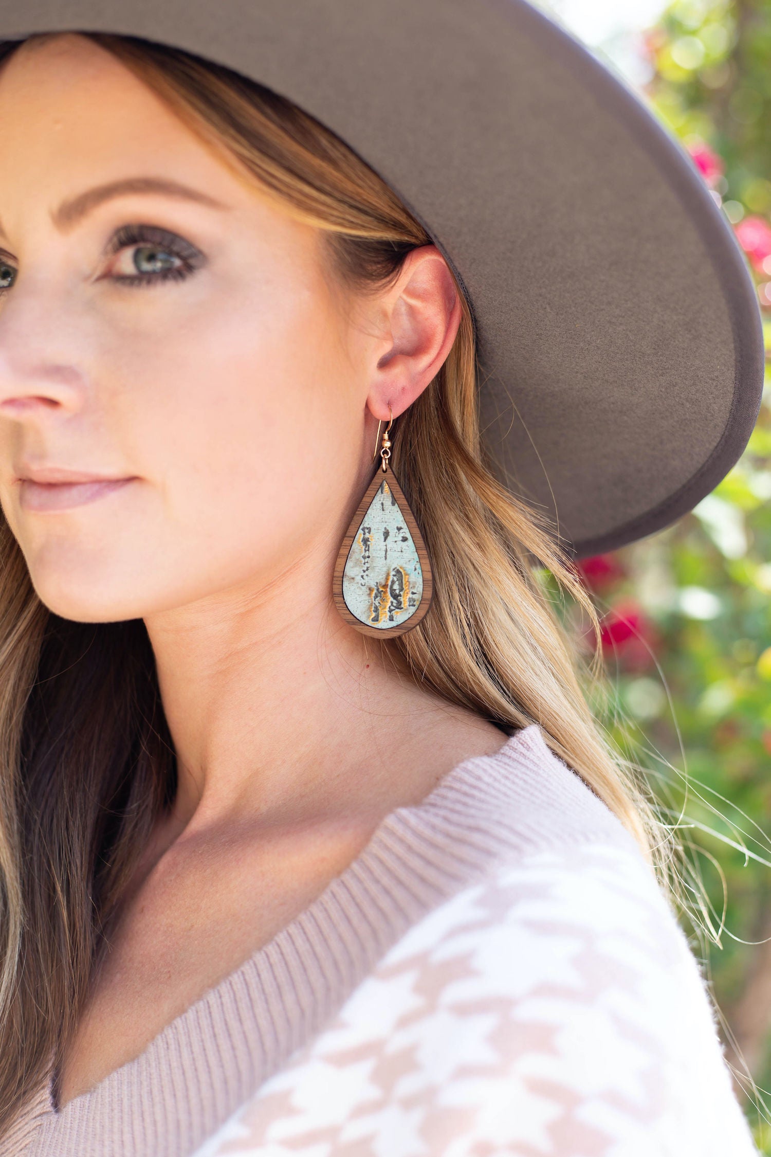 Turquoise Distressed Wood + Leather Teardrop - Grace and Wood Co.